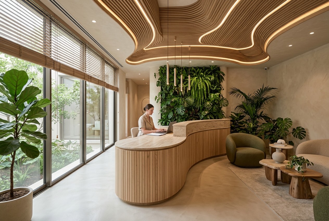 Recepção de clínica com balcão curvo de madeira, jardim vertical e poltronas, e a atendente ao computador