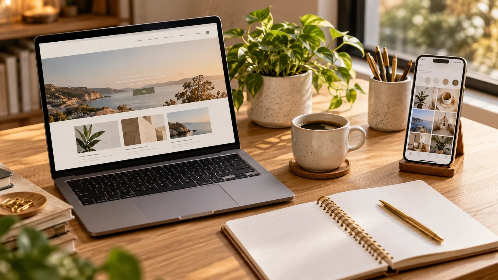 Notebook exibindo o site de um cliente e um celular em suporte mostrando o feed do Instagram, lado a lado sobre uma mesa de trabalho