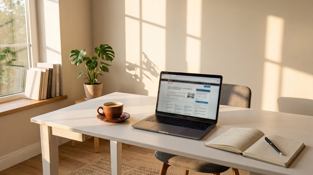 Notebook aberto com um site na tela sobre uma mesa clara, ao lado de um café e um caderno