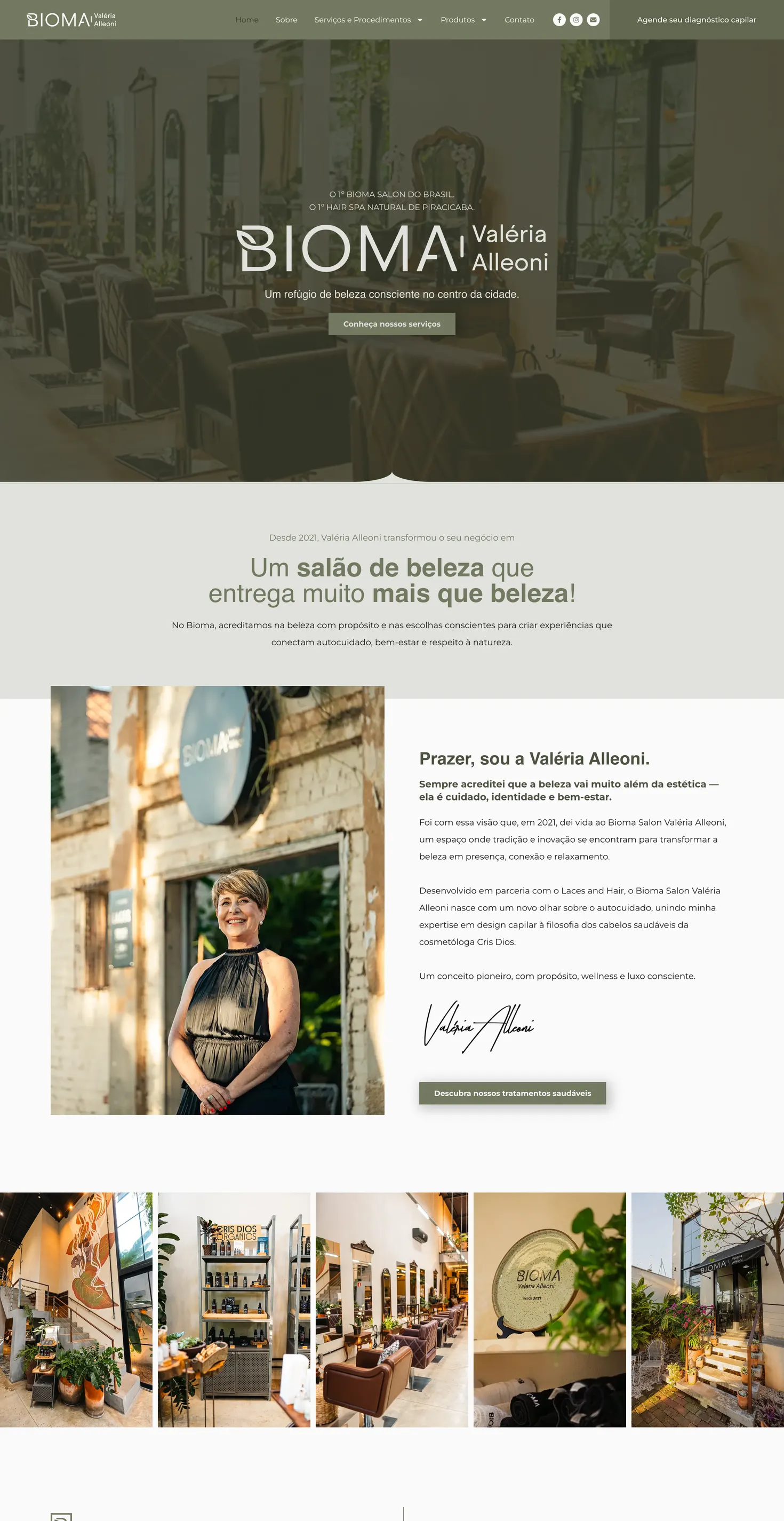 Criação de site para salão de beleza: o site do Bioma Salon Valéria Alleoni feito pela L’Atelier 54, parte 1 de 3 da página inicial