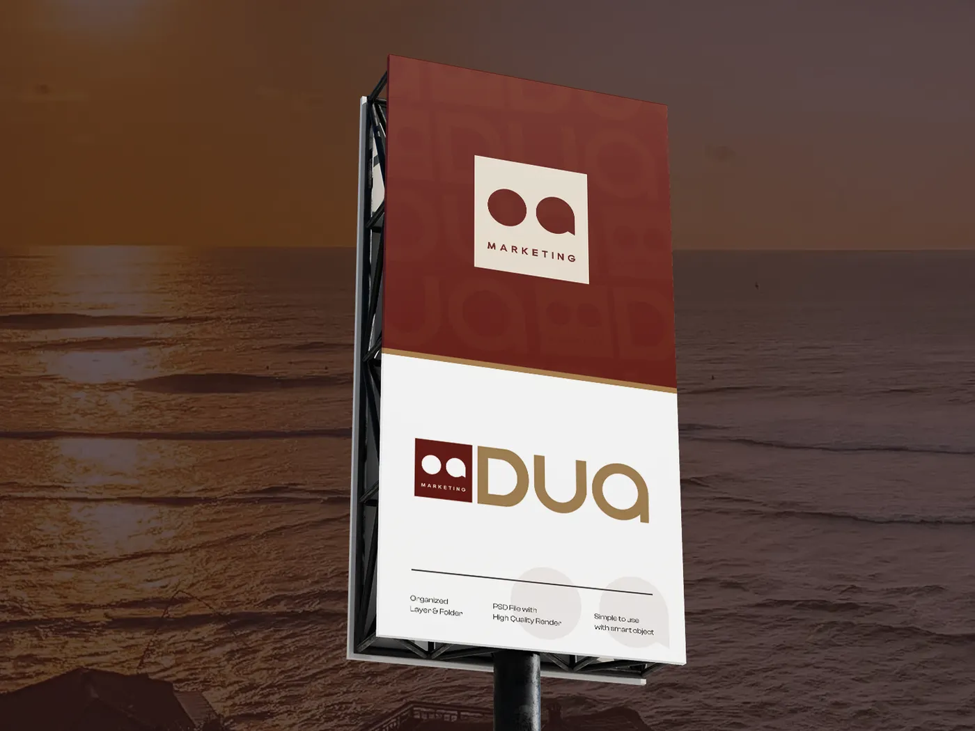 Ícone da DUA Marketing num painel vertical diante do mar ao pôr do sol, em vinho e creme
