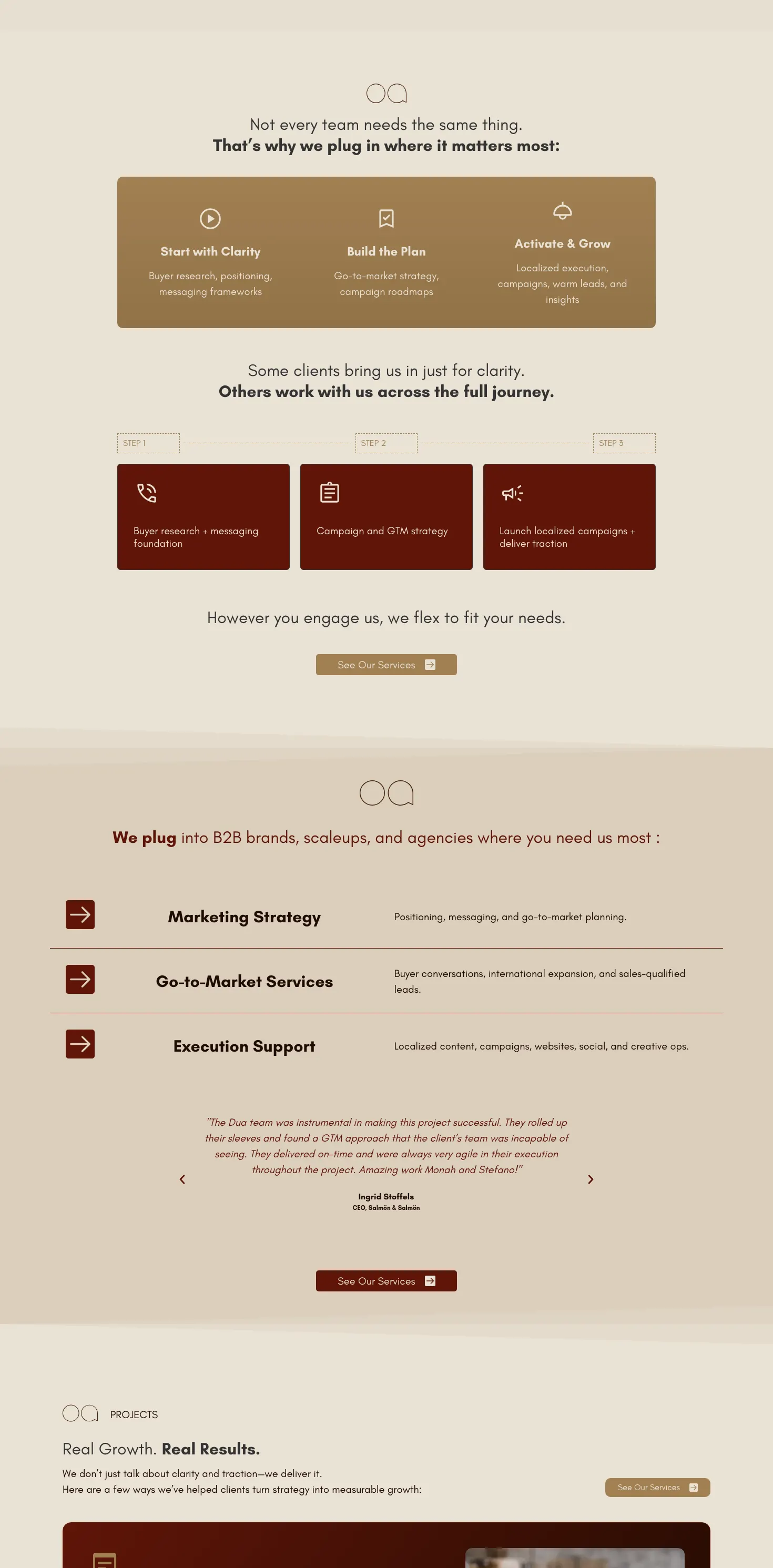 Criação de site para agência de marketing: o site da DUA Marketing feito pela L’Atelier 54, parte 2 de 3 da página inicial