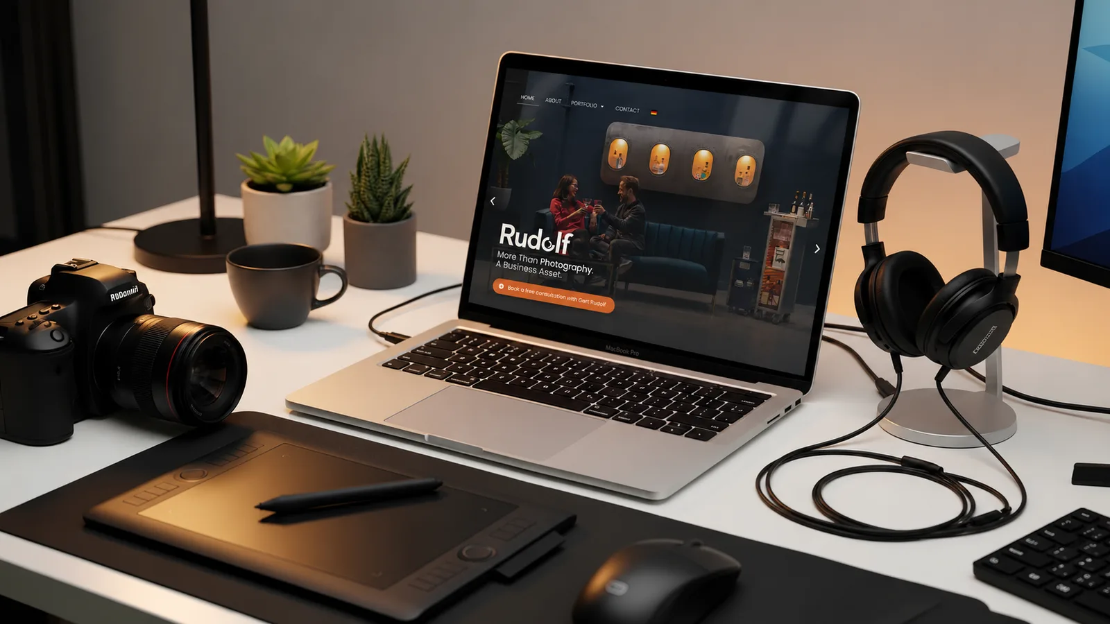 Site do fotógrafo Gert Rudolf aberto num notebook, na mesa de trabalho, ao lado da câmera, da mesa digitalizadora e dos fones