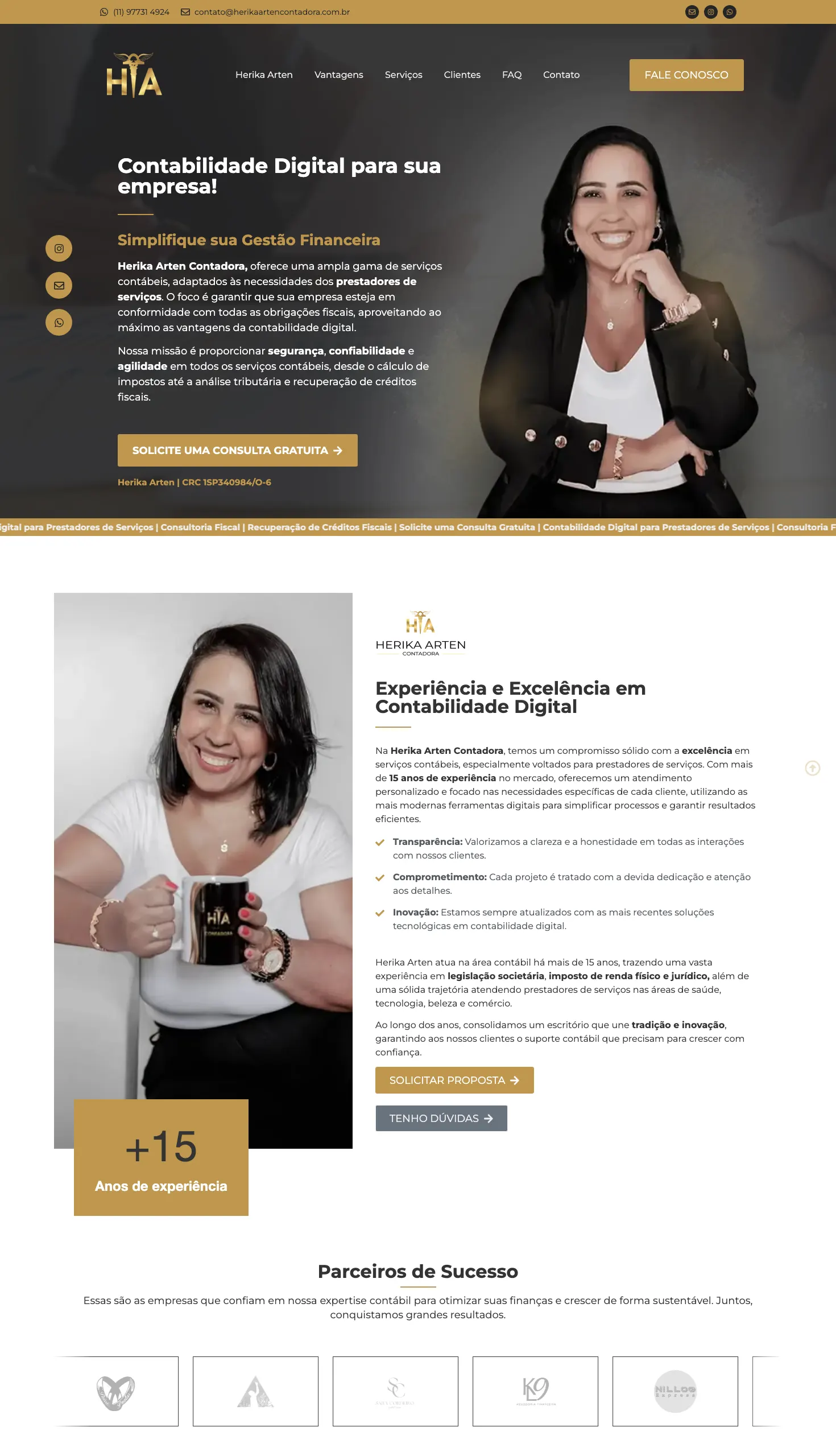 Criação de site para contador: o site da Herika Arten feito pela L’Atelier 54, parte 1 de 3 da página inicial